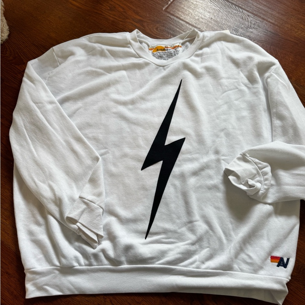 Aviator Nation White Crewneck with Black Lightning Bolt